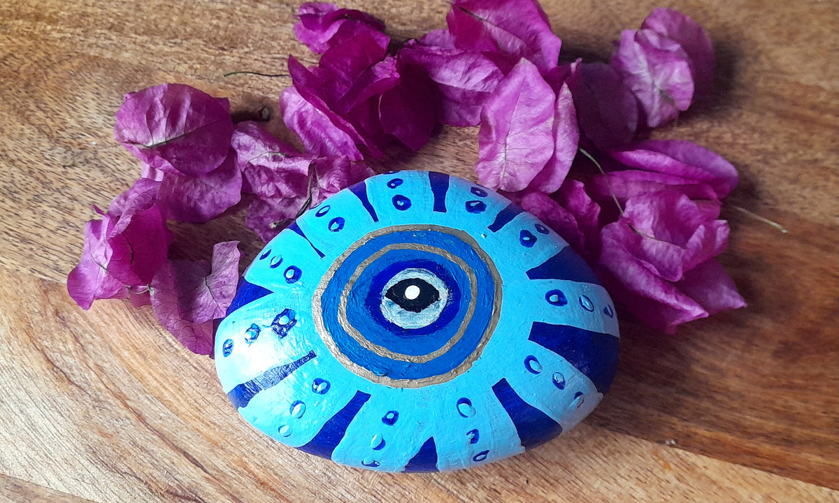 Greek Blue Evil Eye , Hand Painted Pebble