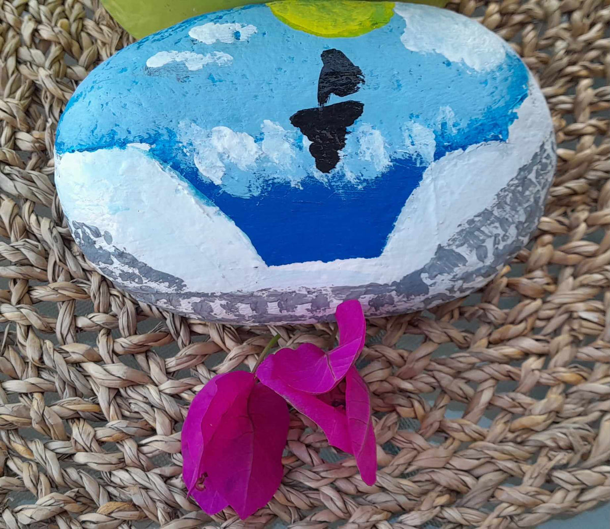 Black fish boat - hand painted Greek pebble