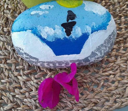 Black fish boat - hand painted Greek pebble