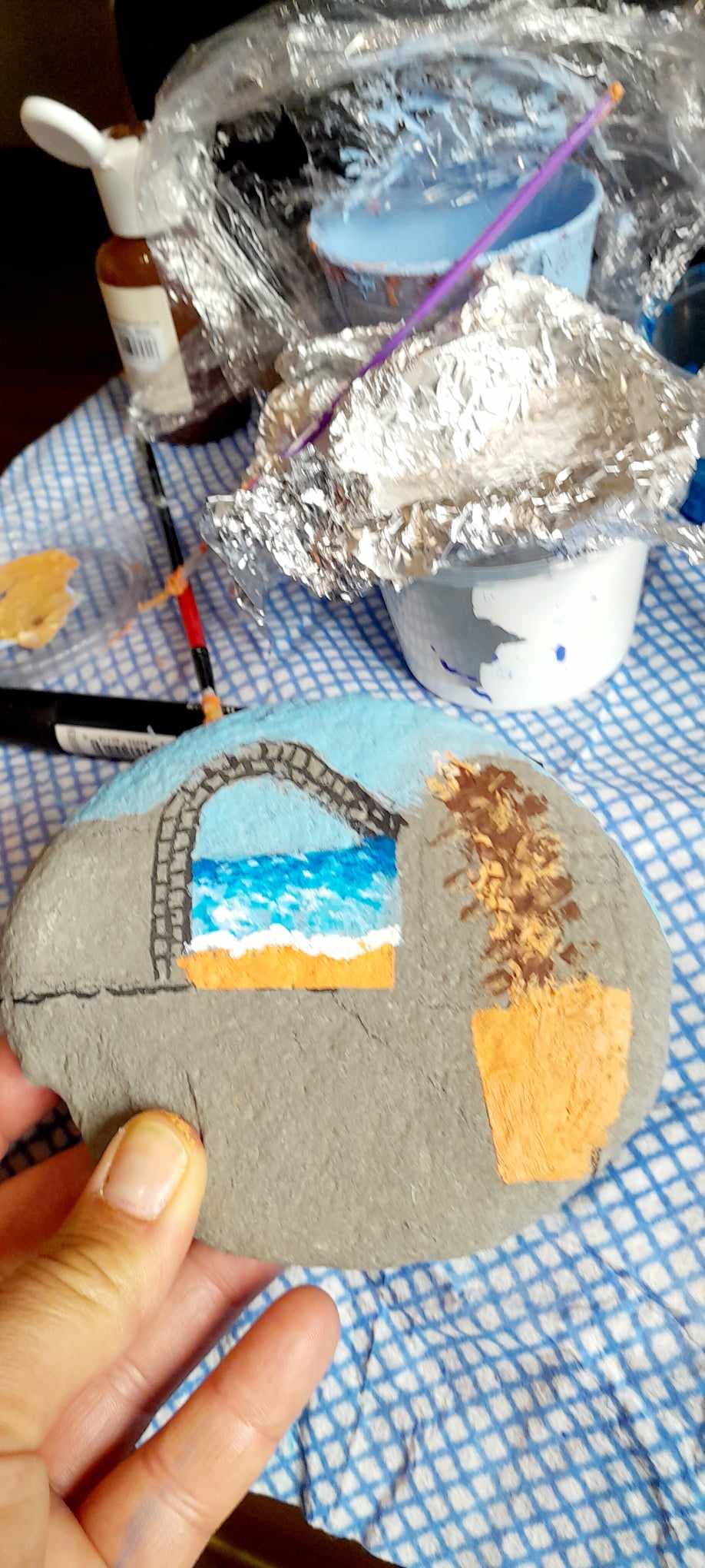 Santorini Blue Sky. Hand-painted double-sided pebble.