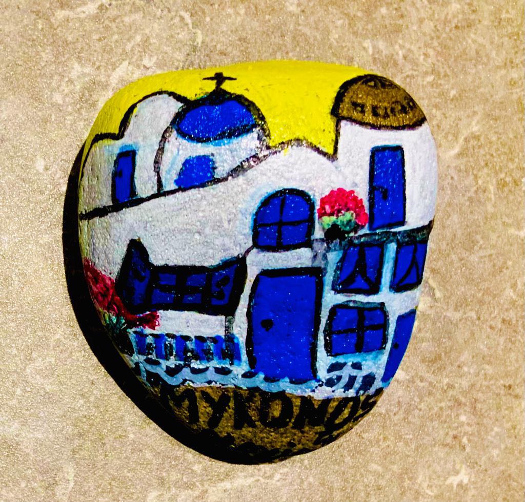 Sunny Mykonos painted Greek pebble