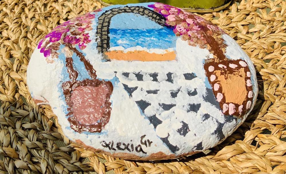 Santorini Blue Sky. Hand-painted double-sided pebble.