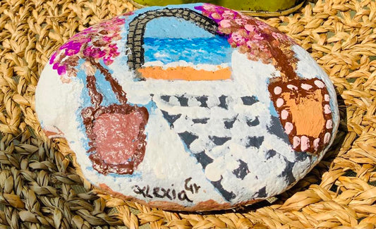Santorini Blue Sky. Hand-painted double-sided pebble.