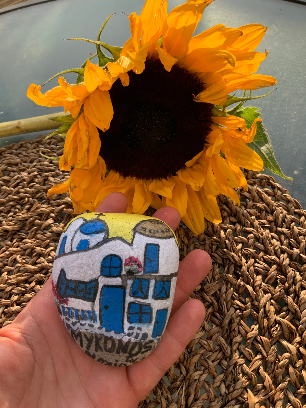 Sunny Mykonos painted Greek pebble
